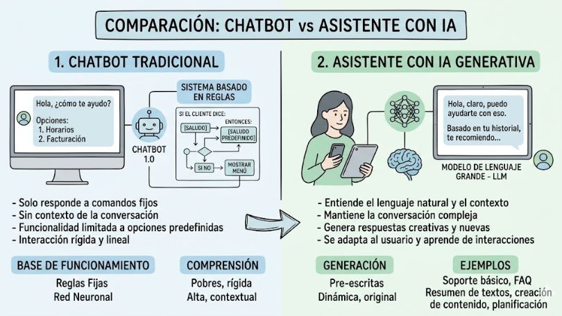 diferencias chatbot vs asistente ia