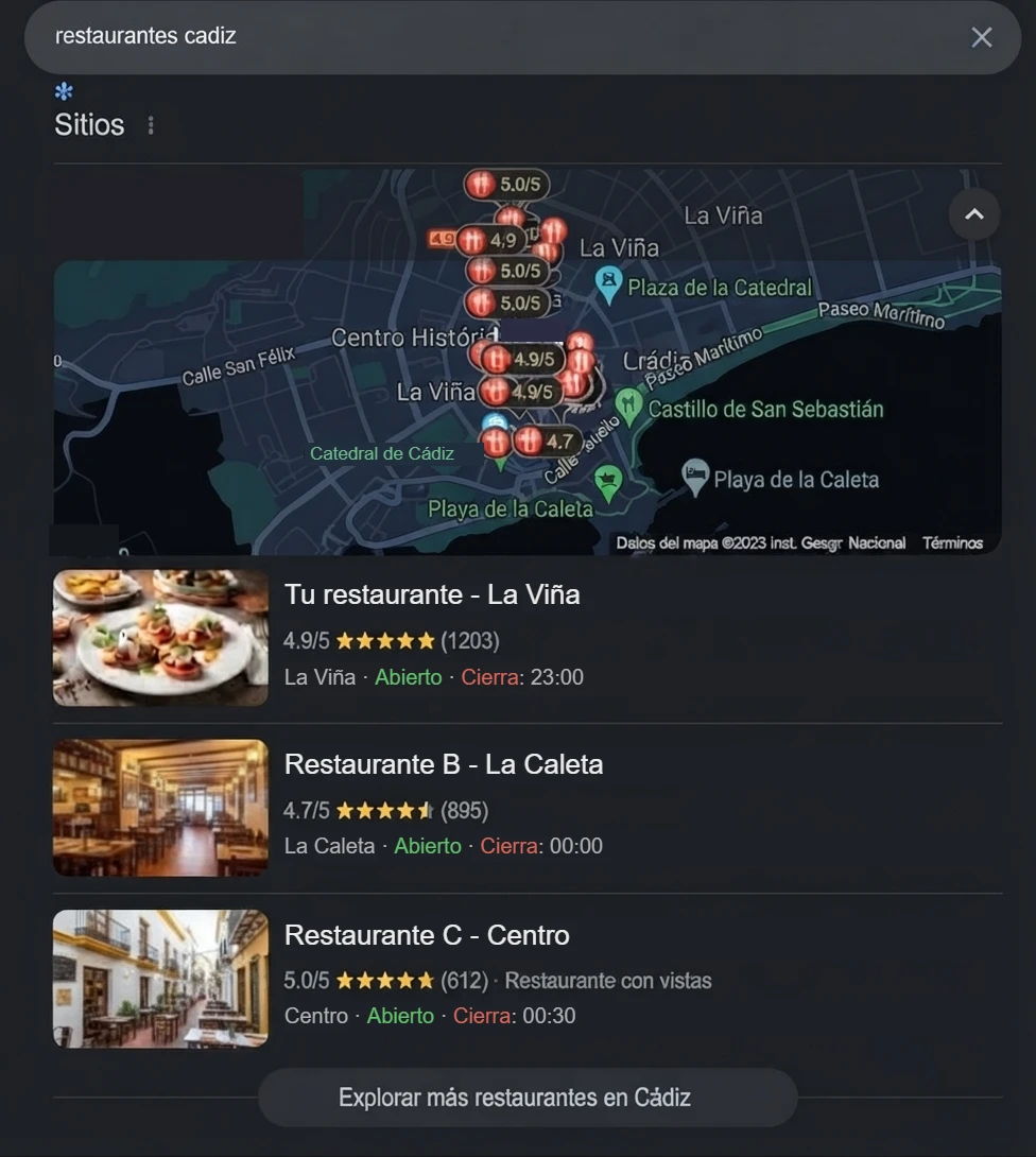 Ejemplo del pack local de Google Maps con restaurantes de Cádiz