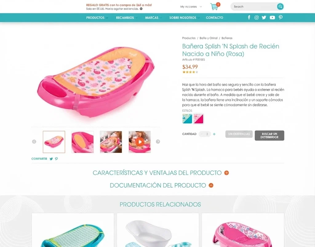 Ficha de producto optimizada de una bañera para bebé en la tienda online