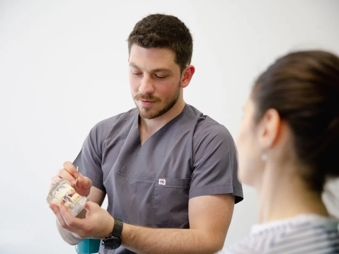 Dentista explicando un tratamiento a un paciente con un modelo dental