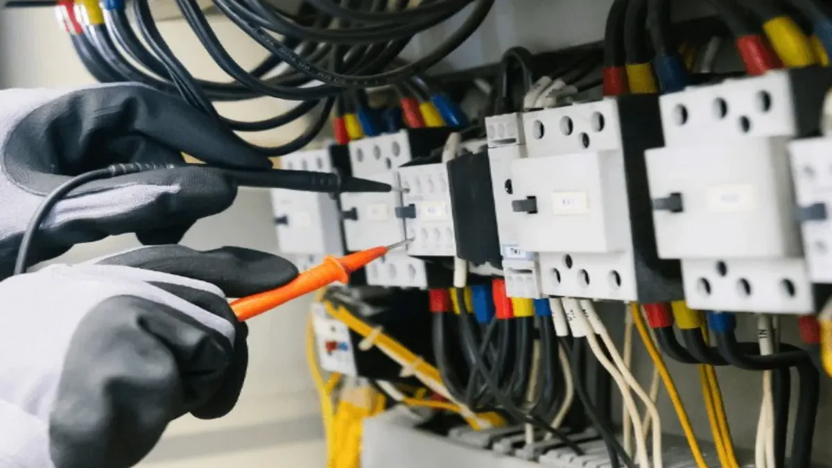 Electricista revisando un cuadro eléctrico durante una revisión de mantenimiento preventivo