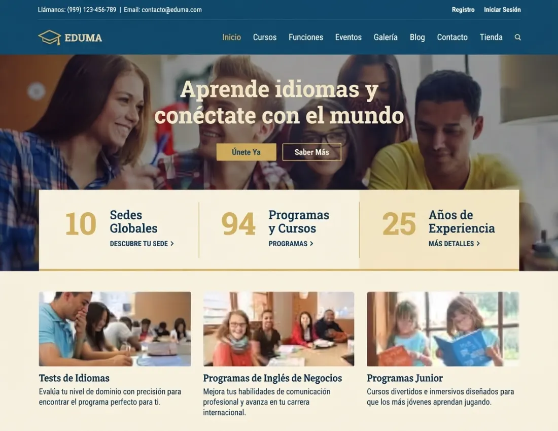 Diseño web de academia de idiomas con programas y sedes