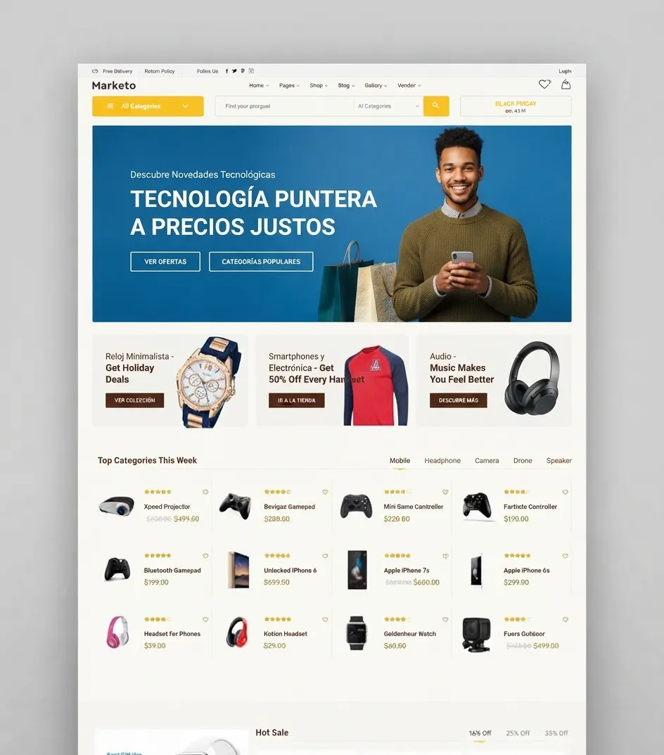 Tienda online de tecnología con categorías, ofertas y productos destacados