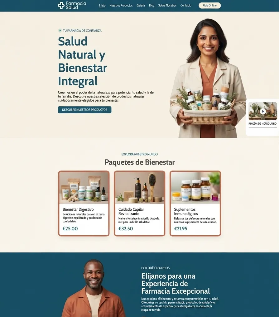 Web de farmacia con productos de bienestar y atención farmacéutica