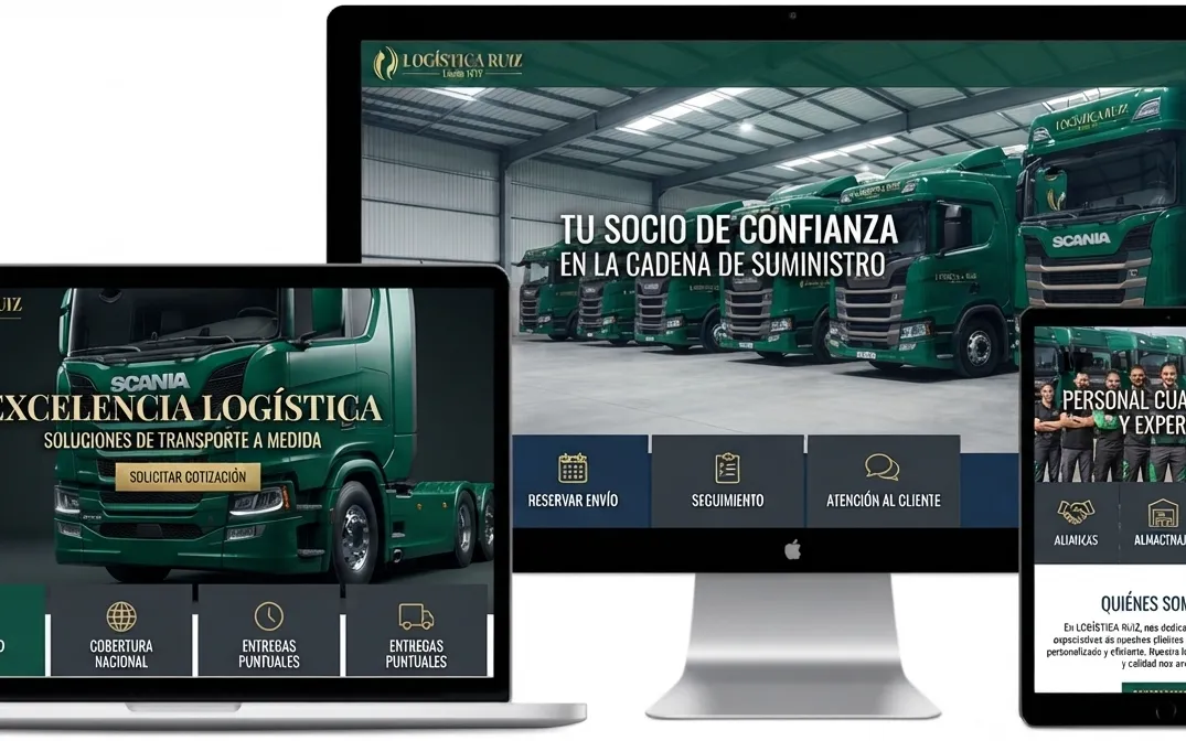 Web de empresa de transporte y logística en ordenador, tablet y móvil