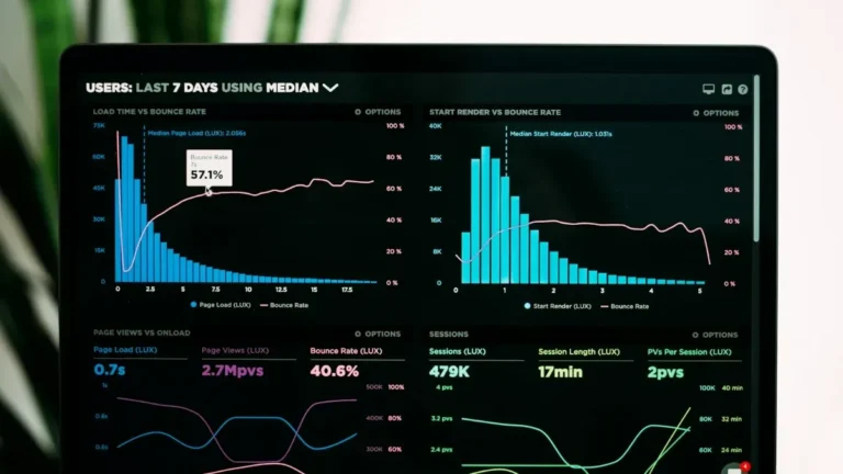 Gráficas de rendimiento y analítica web en la pantalla de un portátil