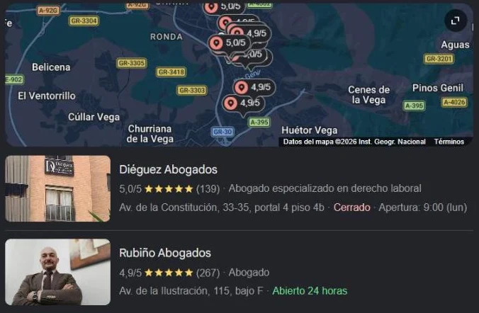 Resultados de Google Maps para la búsqueda abogado laboralista en Granada