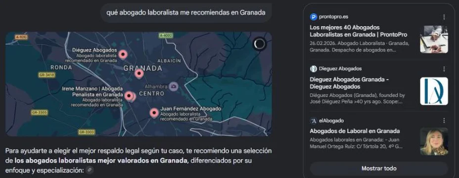 Respuesta del Modo IA de Google al pedir un abogado laboralista en Granada