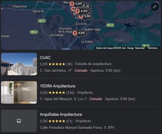 Estudios de arquitectura en los resultados de Google Maps