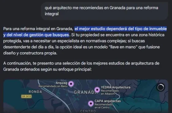 Respuesta del Modo IA de Google al pedir un arquitecto en Granada para una reforma