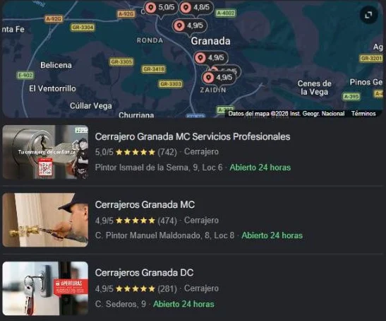 Resultados de Google Maps al buscar cerrajero en Granada