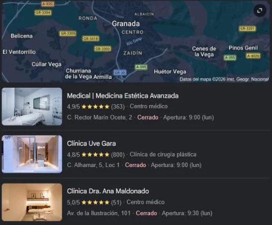 Resultados de Google Maps al buscar clínica estética en Granada