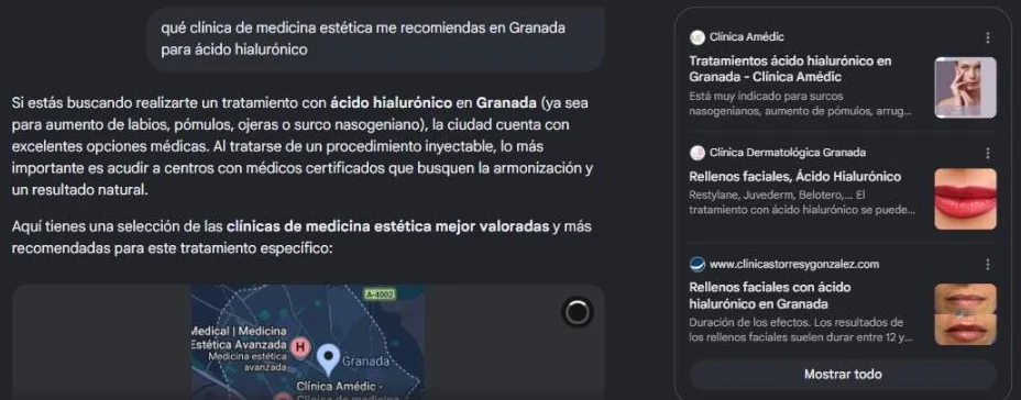 Respuesta del Modo IA de Google recomendando clínicas de medicina estética en Granada