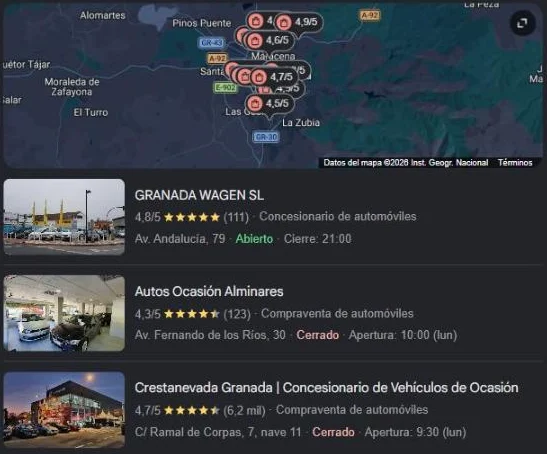 Resultados de Google Maps para concesionario de coches en Granada