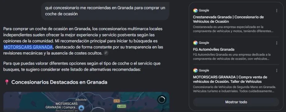 Respuesta del Modo IA de Google recomendando concesionarios de ocasión en Granada