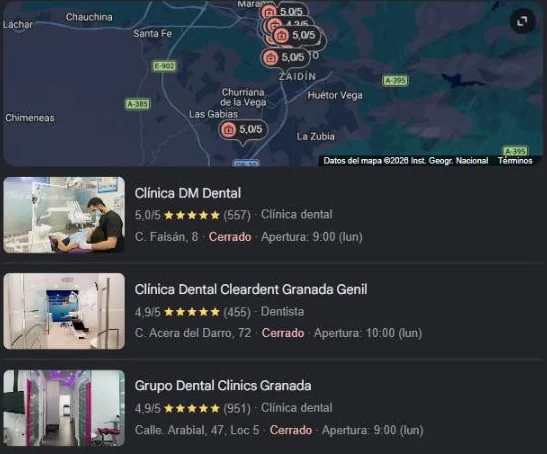 Resultados de Google Maps al buscar clínica dental en Granada