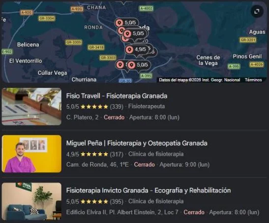 Resultados de Google Maps para fisioterapeuta en Granada
