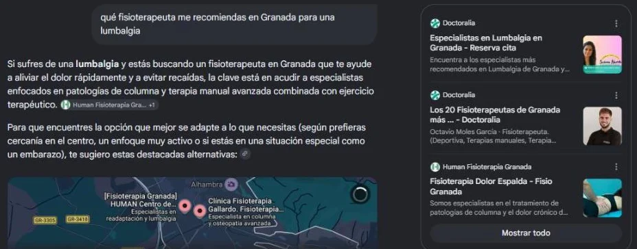 Respuesta del Modo IA de Google al pedir un fisioterapeuta en Granada