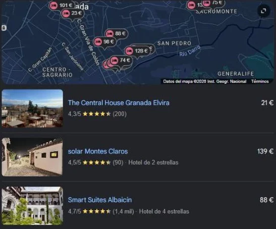 Hoteles en los resultados del mapa de Google