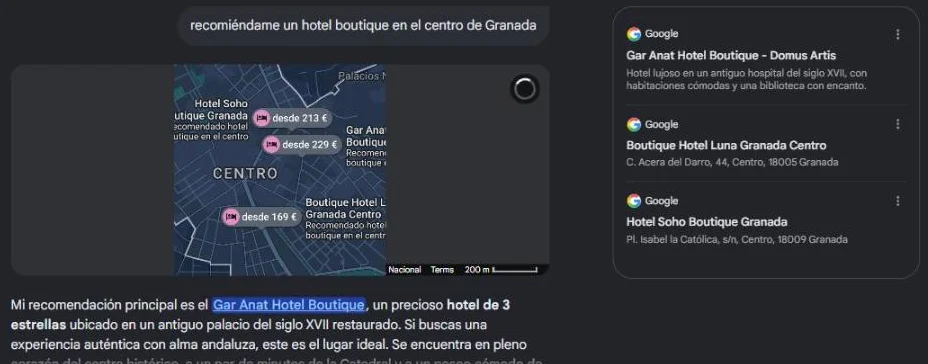 Respuesta del Modo IA de Google recomendando hoteles boutique en el centro de Granada