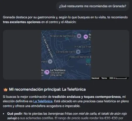 Modo IA de Google recomendando restaurantes en Granada