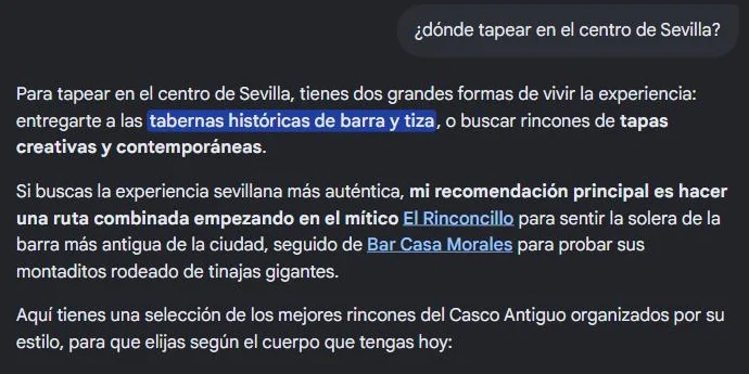 Ejemplo del Modo IA de Google recomendando dónde tapear en el centro de Sevilla