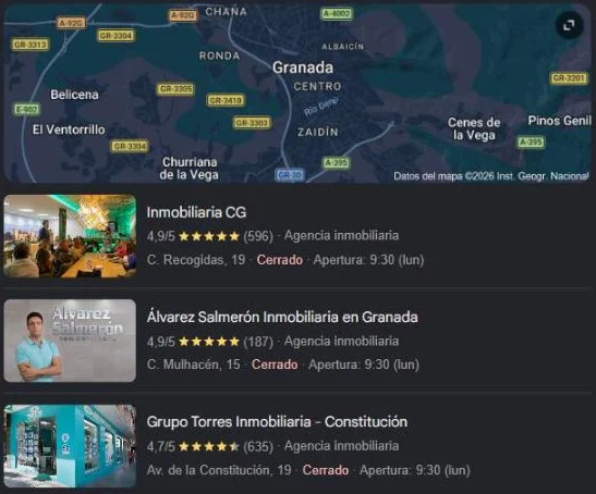 Resultados de Google Maps para inmobiliaria en Granada