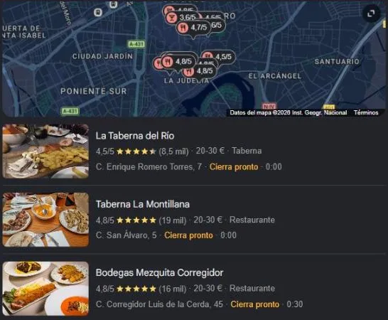 Ejemplo del pack local de Google Maps con tabernas de Córdoba