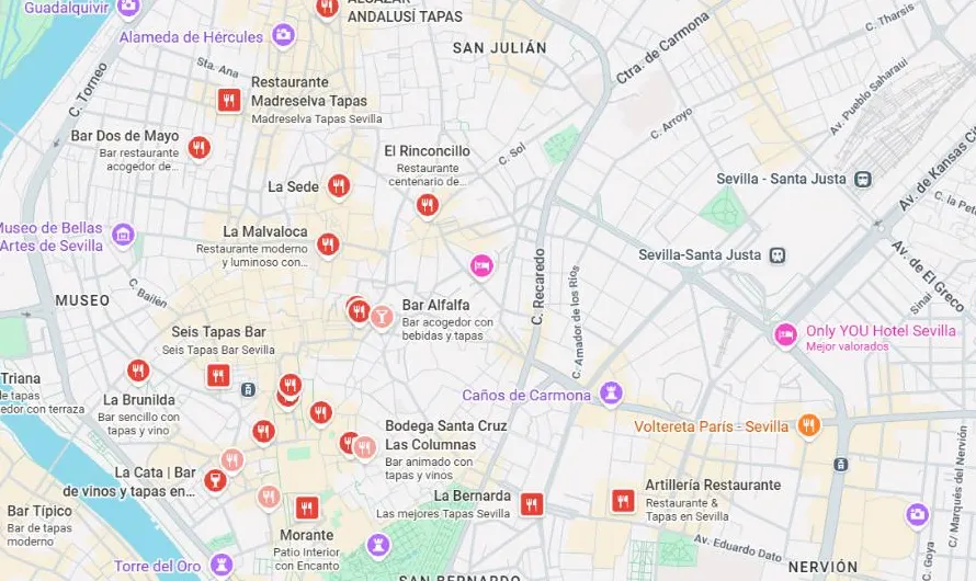 Ejemplo de Google Maps con bares de tapas en el centro de Sevilla