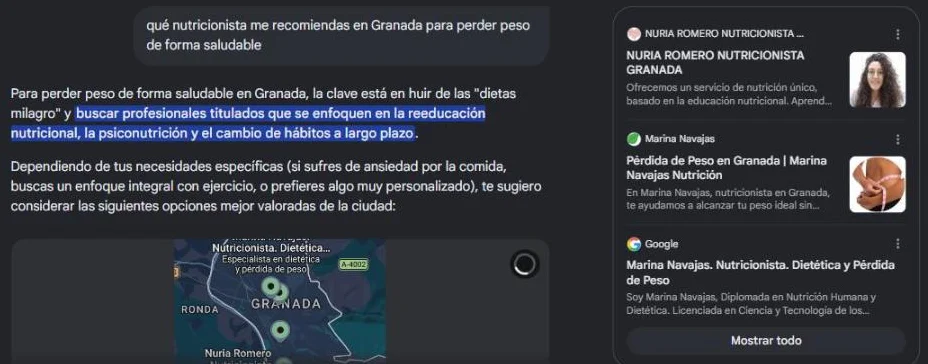 Respuesta del Modo IA de Google recomendando nutricionistas en Granada