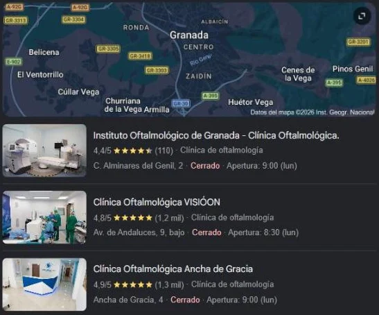 Resultados de Google Maps para clínica oftalmológica en Granada