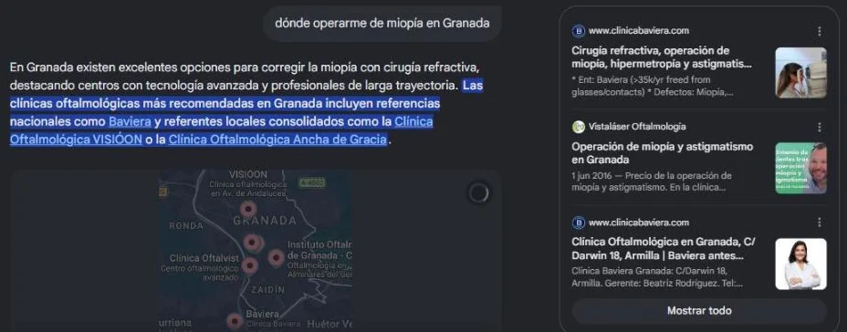 Respuesta del Modo IA de Google al preguntar dónde operarse de miopía en Granada