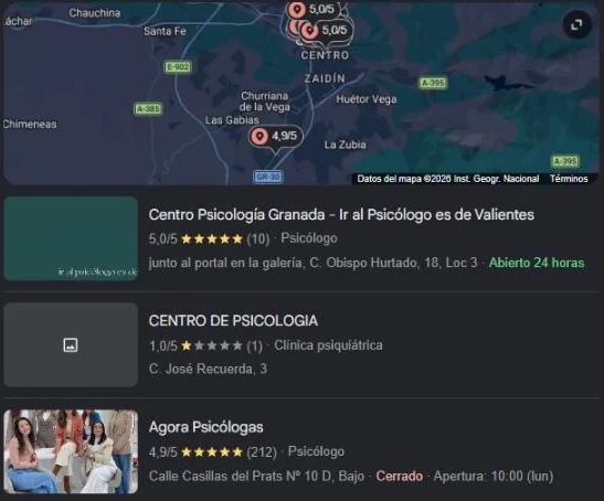 Consultas de psicología en los resultados de Google Maps