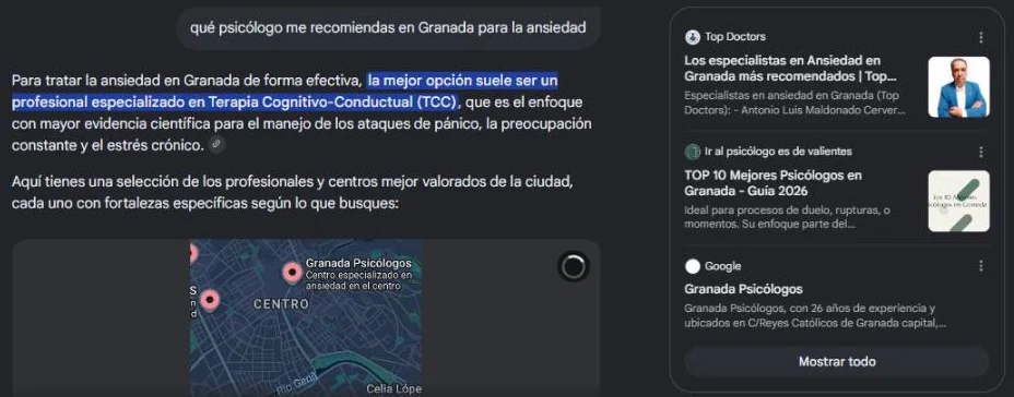 Respuesta del Modo IA de Google al pedir un psicólogo en Granada