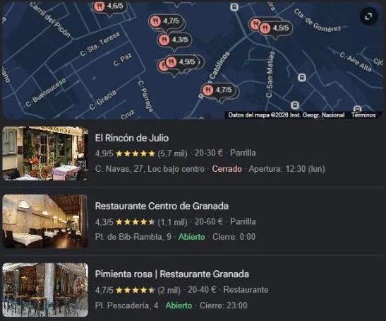 Restaurantes en los resultados de Google Maps