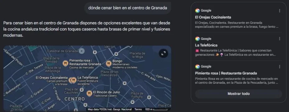 Respuesta del Modo IA de Google al preguntar dónde cenar en el centro de Granada