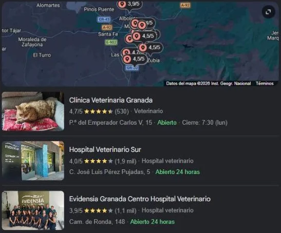 Resultados de Google Maps para clínica veterinaria en Granada
