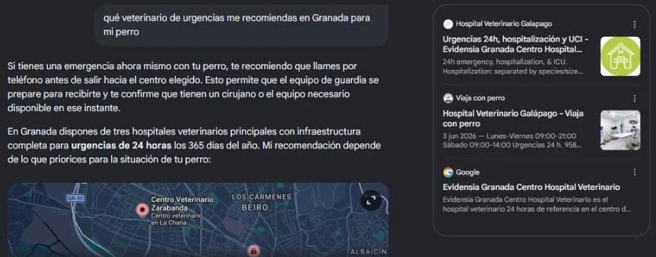 Respuesta del Modo IA de Google al pedir un veterinario de urgencias en Granada