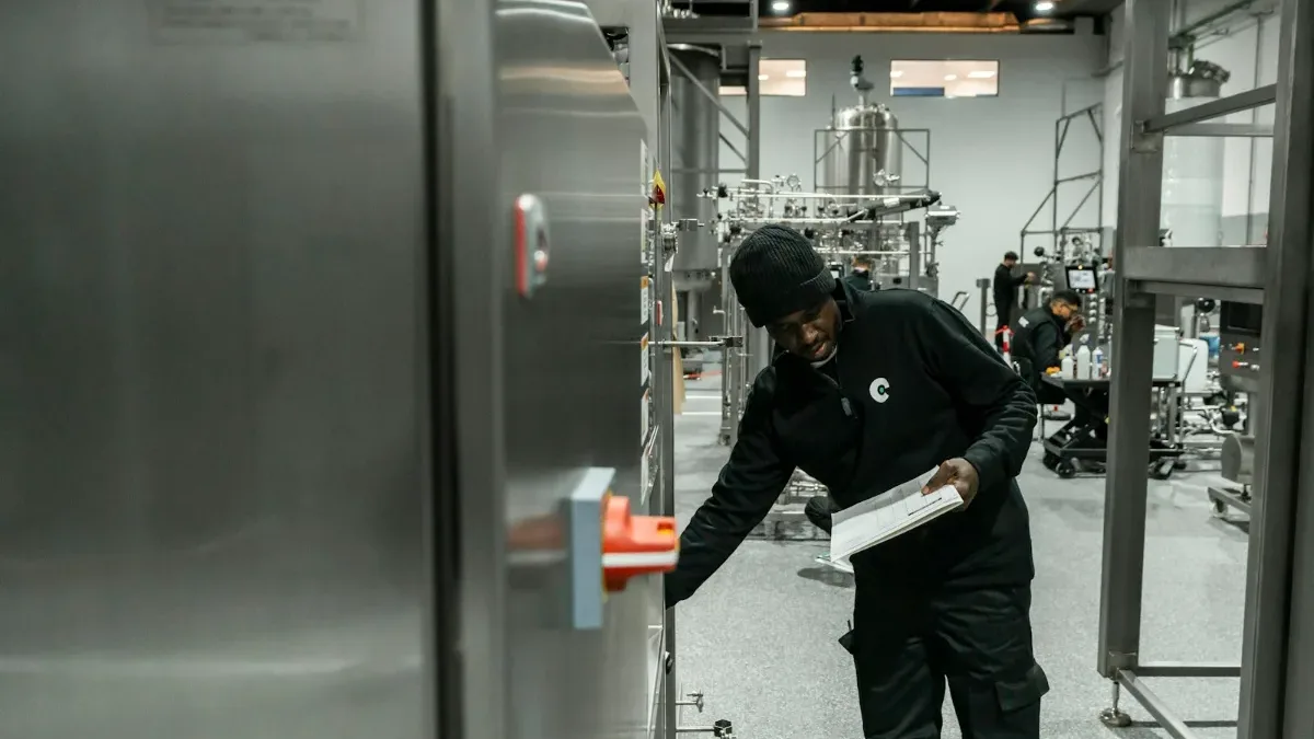 Técnico revisando un equipo industrial con una lista de comprobación durante una inspección de mantenimiento